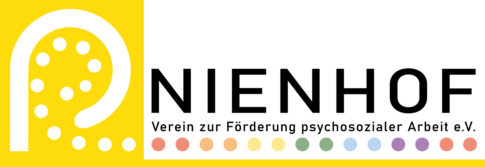 Logo des Nienhof mit gelbem Hintergrund und weißem Strich und weißen Punkten.